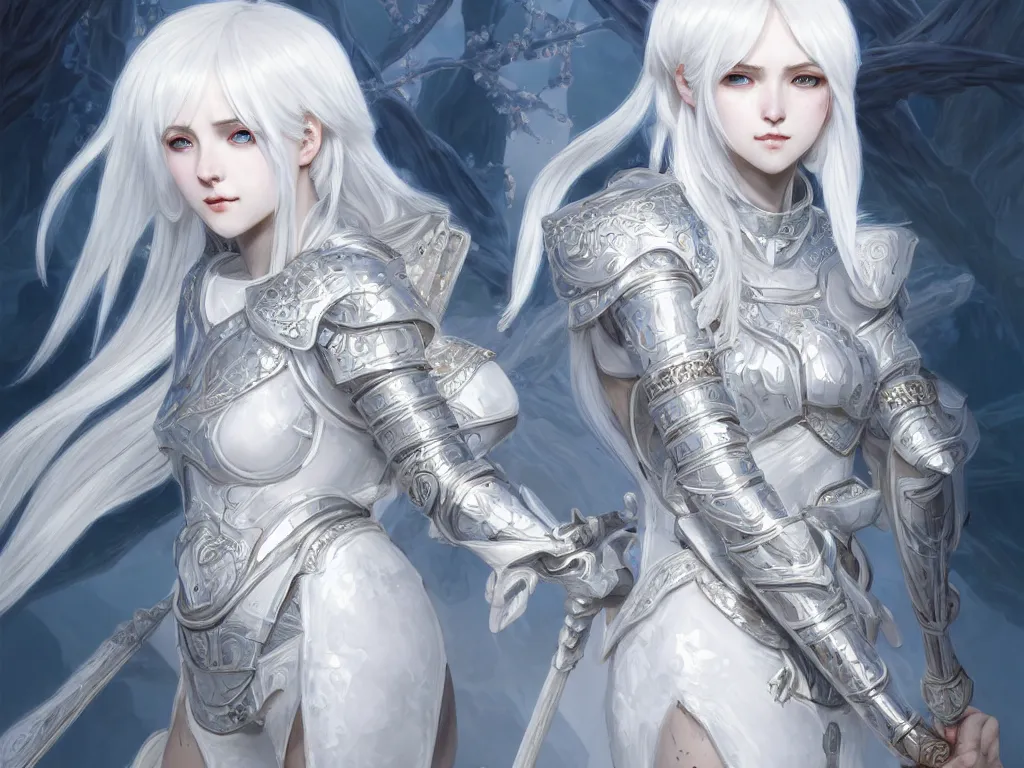 Image similar to portrait white hair knights of zodiac girl, matt white ice color armor, in ruined agora of athens sunrise, ssci - fi and fantasy, intricate and very beautiful and elegant, highly detailed, digital painting, artstation, concept art, smooth and sharp focus, illustration, art by ayanamikodon and tian zi and alphonse mucha