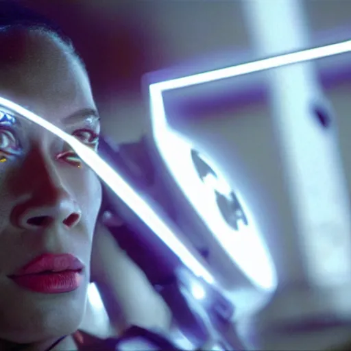 Image similar to movie still of cyborg with glowing third eye, cinematic composition, cinematic light, criterion collection, by george lucas