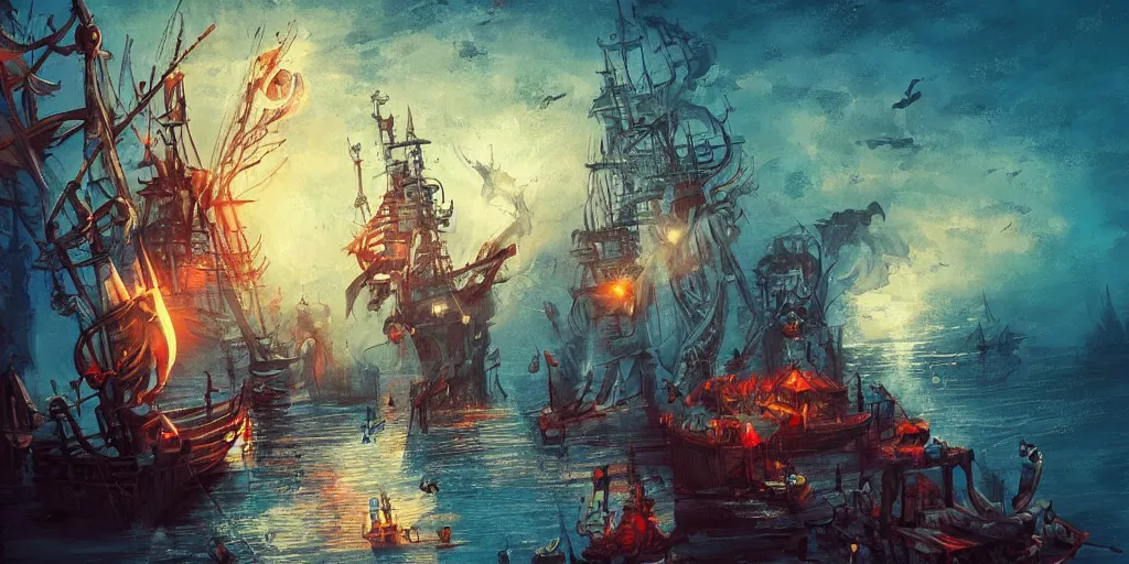 Image similar to pirate boats in a harbour, baba yaga trending on artstation, by anato finnstark