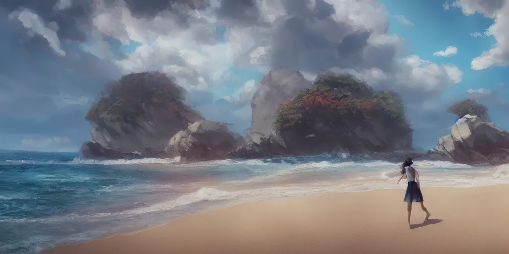 Prompt: a beach, detailed oil painting, cinematic angle, hyperrealistic, beautiful, cinematic lighting, dynamic, Studio Ghibli, digital art, octane render, post-processing, dynamic composition, trending on artstation, masterpiece