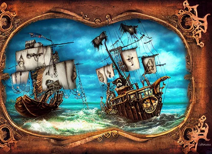 Image similar to pirate ship, amazing background, 3 - d, highly details, lowbrow, in the style of alexander jansson,