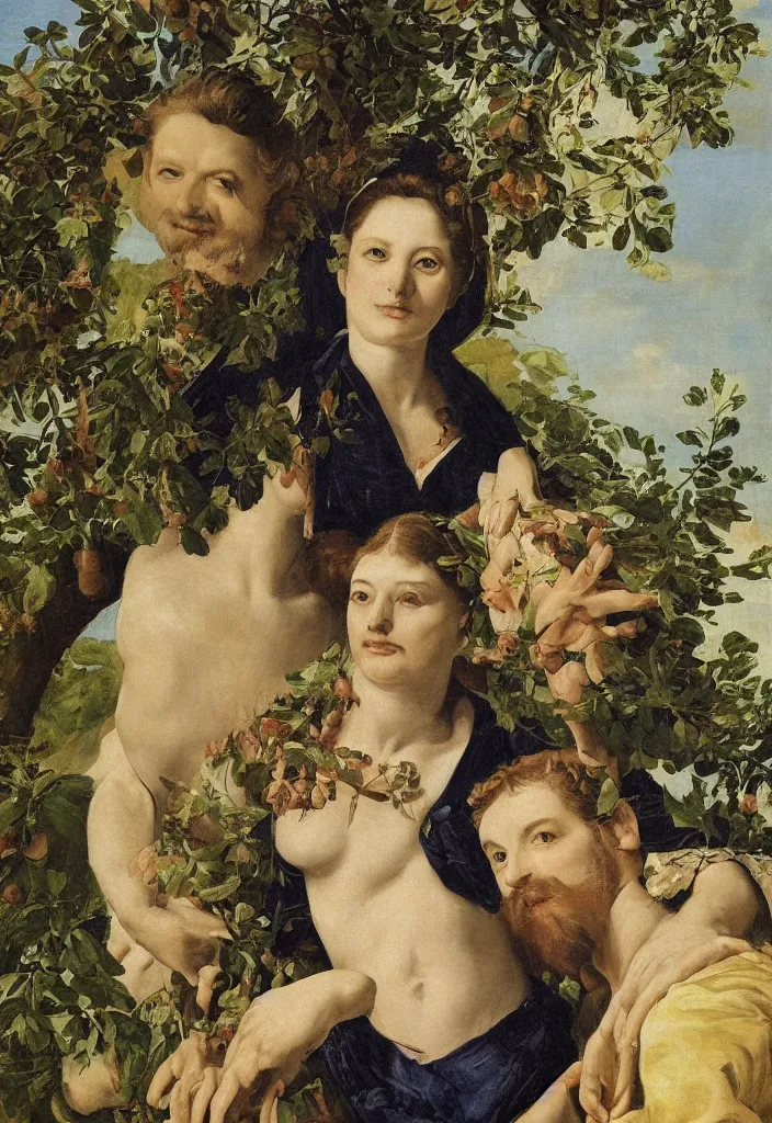 Image similar to 1 men and 1 woman, portrait, face closeup, garden with fruits on trees, ultra detailed, Orazio Gentileschi style, Lucien Lévy-Dhurmer style