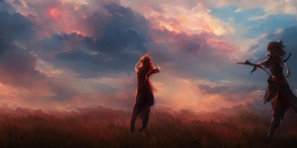 Prompt: back shot of one single beautiful girl gazing back into distance land, holding a oversized sword. digital art by wlop. artstation contest winner, cinematic paint. lower shot. fiery dramatic cloud in background.