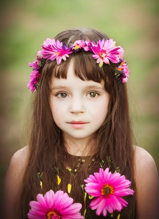 Prompt: portrait of a 5 year old woman, symmetrical face, flowers in her hair, she has the beautiful calm face of her mother, slightly smiling, ambient light