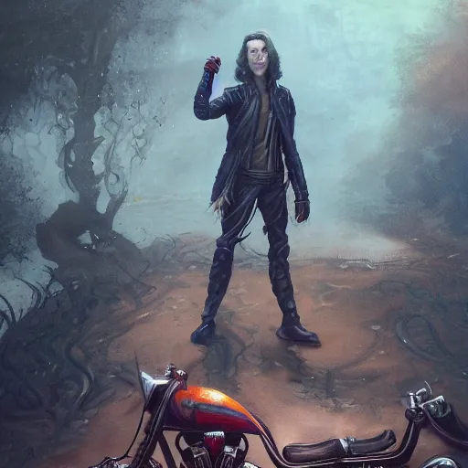 Image similar to a Mindflayer in a leather jacket and speedos is standing beside a demonic motorcycle, garden, fullbody, summer, 8k resolution matte fantasy painting, cinematic lighting, DeviantArt, Artstation, Jason Felix Steve Argyle Tyler Jacobson Peter Mohrbacher