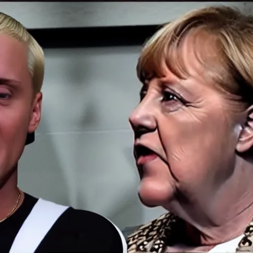 Prompt: Angela Merkel rap battle with eminem dramatic lightning