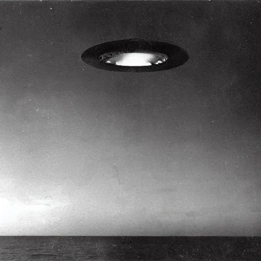 Image similar to dark photo of an ufo above the ocean, black and white, 1 9 2 0's, pictorialism