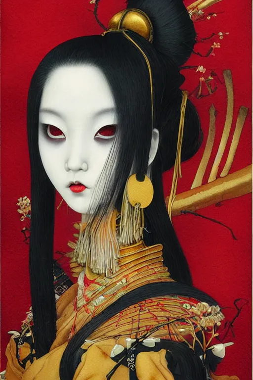 Prompt: watercolor painting of a japanese bjd geisha oni demon with a long neck by tom bagshaw, amy sol, mark ryden in the style of thoth tarot card, dark - fantasy, red, gold, black