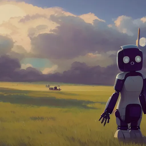 Prompt: a robot in a field. cgsociety masterpiece, artstation trending, by rossdraws, ghibli, kimi no na wa, greg rutkowski, simon stalberg, greg manchess