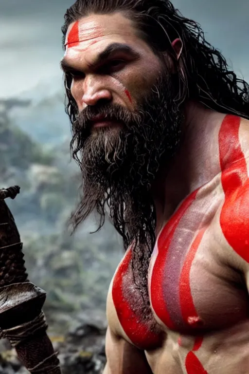 Image similar to film still from god of war, a highly detailed beautiful closeup photo of jason momoa!!!! kratos with long! windblown! wet hair! holding a sword and fighting zombies on a pile of human skulls, spartan warrior, olympian god, muscular!!!, masculine confident pose, ambient lighting, volumetric lighting, octane, fantasy