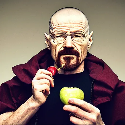 Image similar to walter white eating an apple, photography