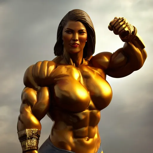 Image similar to portrait of muscle woman gold statue reflect chrome, 8 k uhd, unreal engine, octane render in the artstyle of finnian macmanus, john park and greg rutkowski