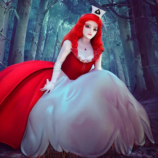 Image similar to red head queen gown, full body, alice in wonderland theme, disney photo realistic, octane render, 8 k, unreal engine, hd, cinematic lighting