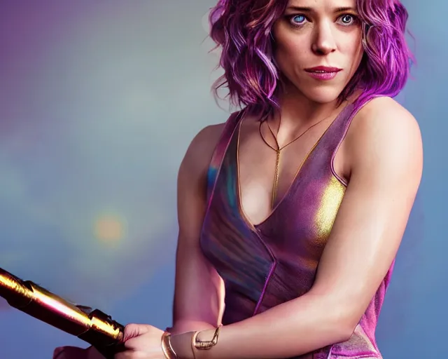 Image similar to Rachel McAdams in heroic pose with weapon, cinematic, 4k, hyper realistic, super detailed, colorful accents, purple hair, golden ratio, symmetrical face, highly detailed professional photo, centered, rim lights, vray caustics, hyper realistic