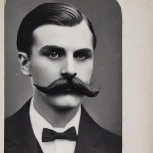 Prompt: 1 9 2 0 s portrait photograph of a delicate russian gentleman, fine mustache, elegant eyes, dignified pose, old photograph, worn, highly detailed render, hi - res scan