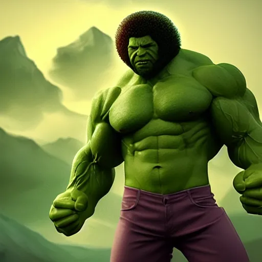 Image similar to photomanipulation of BOB ROSS as hulk with human flesh, marvel, fully detailed, volumetric lightening, octane render, 8k, masterpiece, epic composition