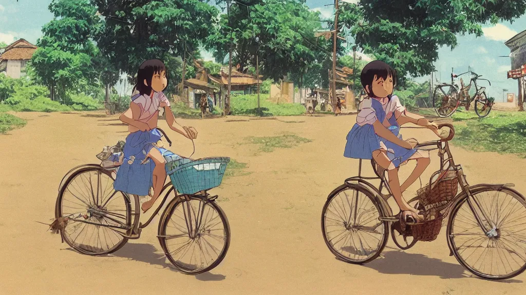 Image similar to a young girl riding a bike with a basket in a small town, 1970s philippines, art by hayao miyazaki, studio ghibli film, hi res, 4k, detailed face, wide shot, one person