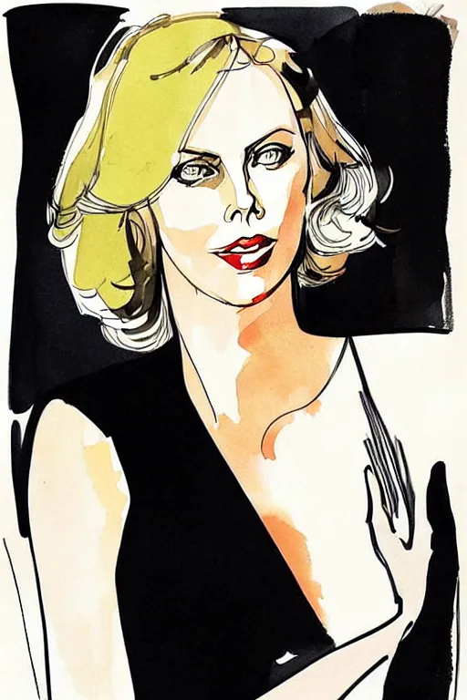 Image similar to beautiful portrait of Charlize Theron by Milo manara and David downton