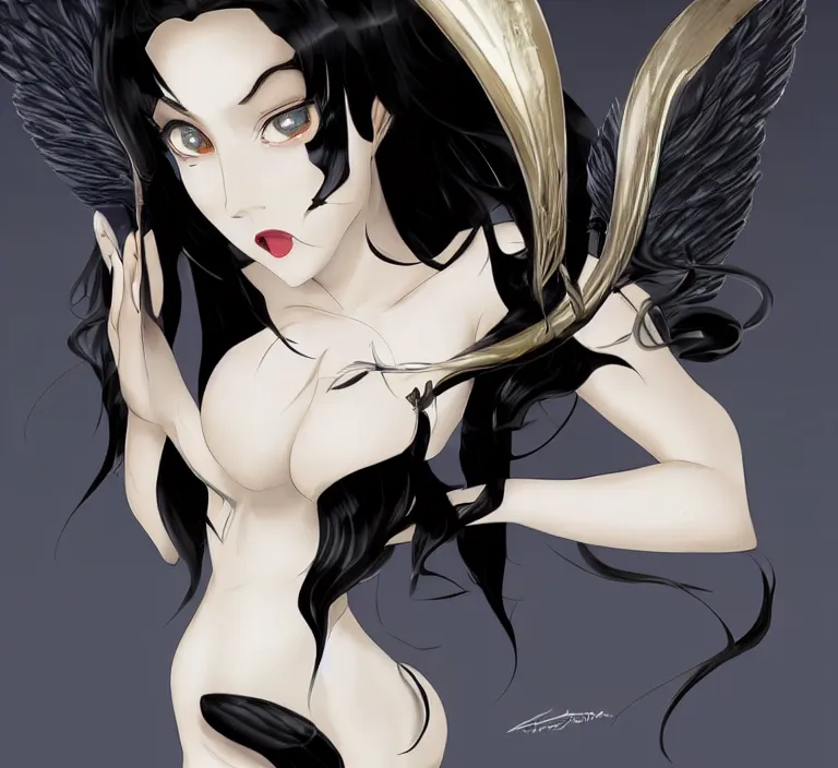 Image similar to An impeccable beauty, Albedo is a woman with lustrous jet-black hair and the face of a goddess. She has golden irises and vertically split pupils; on her left and right temples are two thick horns protruding crookedly, and on her waist are a pair of black angel wings. Albedo wears a pure white dress with silky gloves covering her slender hands and a golden spiderweb necklace that covers her shoulders and chest. In combat, she wears an impressive black full plate armor with a unique helmet and carries a battle-axe with her. Octane Render, Photorealistic Render, Hyper realistic, Noir