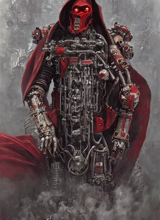 Image similar to portrait of rotten Nicolas Cage as adeptus mechanicus in red hood and robe from Warhammer 40000, mechanical tentacles. Highly detailed, artstation, illustration by and John Blanche and zdislav beksinski and wayne barlowe