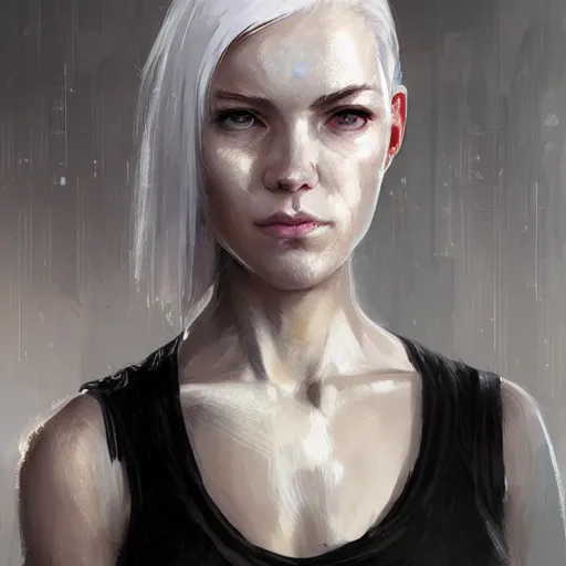 Image similar to portrait of a female cyborg by greg rutkowski, she is about 3 0 years old, white bob hair, she is wearing a black tank top, highly detailed portrait, digital painting, artstation, concept art, smooth, sharp foccus ilustration, artstation hq