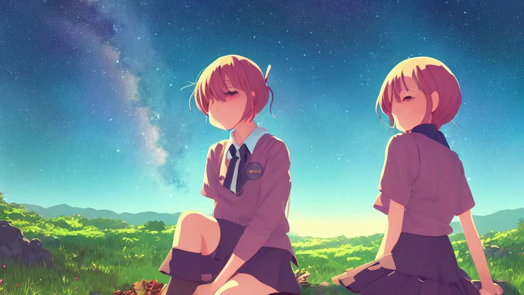 Prompt: a schoolgirl girl sat on the hillside and looked at the stars in the night sky, midnight, spectacular milky way, shining meteor, rich vivid colors, ambient lighting, official media, anime key visual, makoto shinkai, ilya kuvshinov, lois van baarle, rossdraws, detailed, trending on artstation.