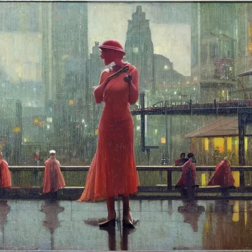 Prompt: 1 9 3 0 s detailed oil painting of a woman, cyberdeco cloisters, electronic billboards, tech noir, wet reflections, atmospheric, ambient, livia prima, george tooker, greg rutkowski, wlop, gil elvgren, grant wood, alexis flower, hopper, mucha, whistler, norman rockwell, peter max,