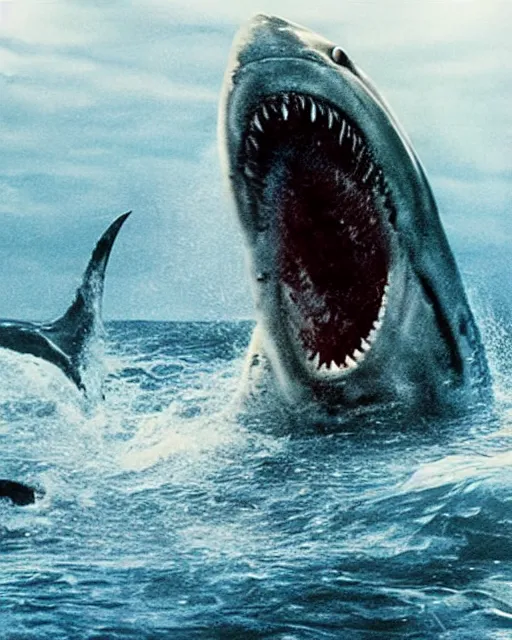 Image similar to film still close up shot of dwayne johnson fighting with a shark in the movie jaws. photographic, photography