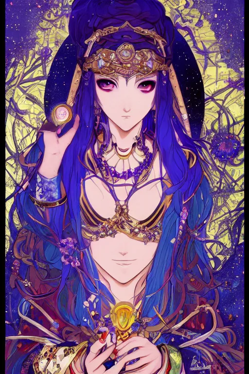 Prompt: psychedelic, intricate, highly detailed, anime, 4k, a beautiful seductive lucina from fire emblem holding a crystal containing the universe, with professional makeup, long trippy hair, surrounded by gems, underneath the stars, trending on patreon, deviantart, twitter, artstation, volumetric lighting, heavy contrast, by artgerm and Ilya Kuvshinov and alphonse mucha