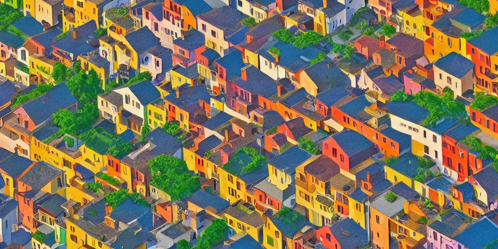 Prompt: colorful photograph of a busy and picturesque suburb designed by M. C. Escher at sunset, 4k resolution, surreal