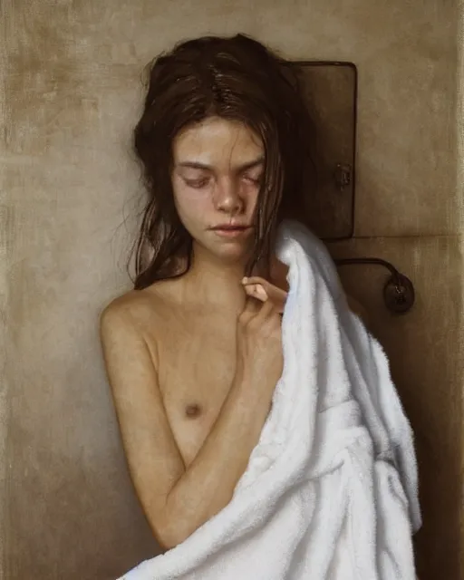 Image similar to portrait of beautiful peasant girl with wet long hair standing in a towel in a bathroom, minimalistic interior, soviet style, Cinematic focus, Polaroid photo, vintage, neutral colors, soft light, foggy, by Steve Hanks, by Serov Valentin, by lisa yuskavage, by Andrei Tarkovsky 8k render, detailed, oil on canvas