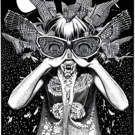 Image similar to a eccentric cybergoth guy, face covered in moths, small details, aesthetic!!!, color, by virgil finlay, by jamie hewlett,