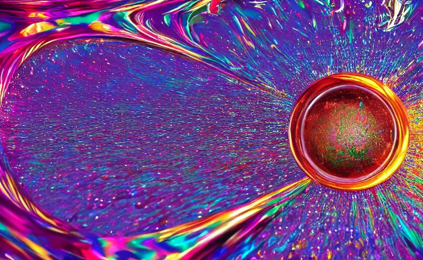 Prompt: slow motion mercury splash, psychedelic liquid, wet shiny surfaces, mathematical fluid dynamics, modern luxury animation, artstation, HD render 4k