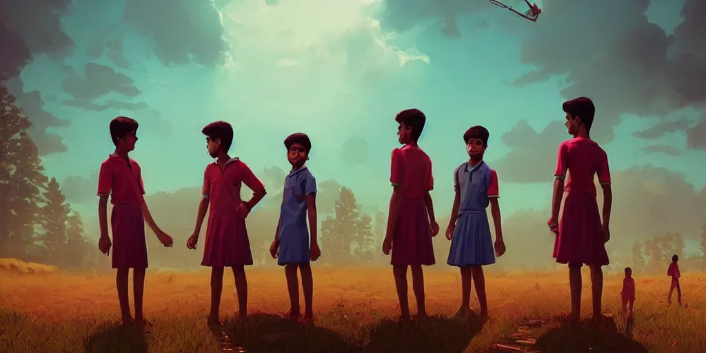 Image similar to kerala school boys wearing girls dresses posing for a photo, daylight, an epic fantasy, dramatic lighting, cinematic, establishing shot, extremely high detail, photorealistic, cinematic lighting, artstation, matte painting by simon stalenhag, horizon forbidden west landscape