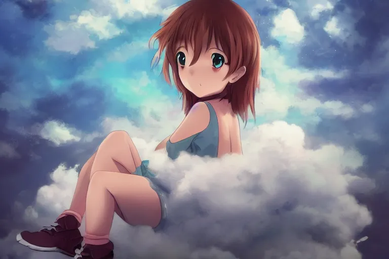 Image similar to a cute anime girl sitting on a cloud, digital painting, anime, portrait