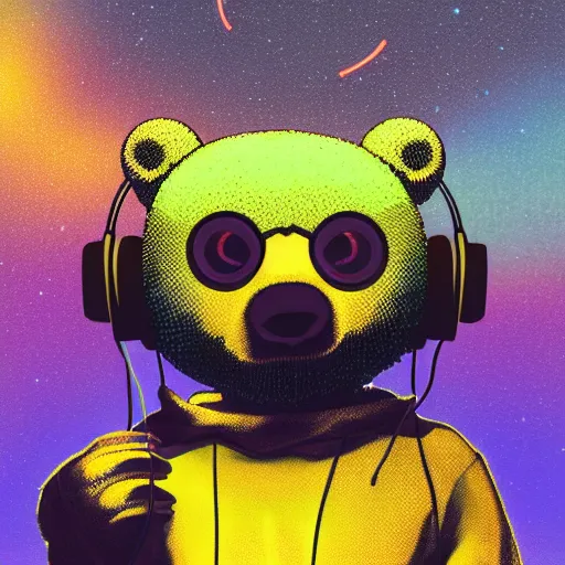 Prompt: a green and yellow humanoid bear with headphones looking in front of the camera by inio asano, beeple and james jean, aya takano color style, 8 k, super detailed, night sky, digital art, digital painting, celestial, majestic, colorful, front