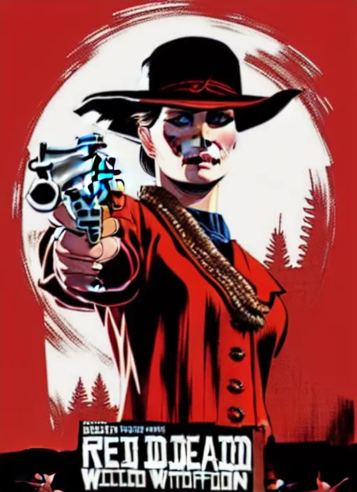 Prompt: a Red Dead Redemption poster of Evan Rachel Wood as Dolores, in the show Westworld, poster artwork by Michael Whelan and Tomer Hanuka, clean