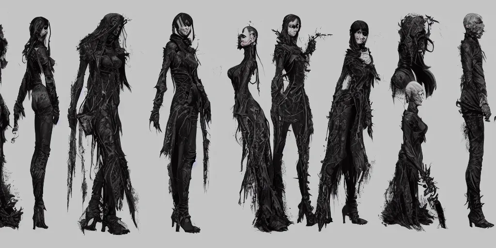 Prompt: gothic character side view detail designs, Milo Manara, Greg Rutkowski, character sheet, Darek Zabrocki, Karlkka, Jayison Devadas, Phuoc Quan, trending on Artstation, 8K, ultra wide angle, pincushion lens effect