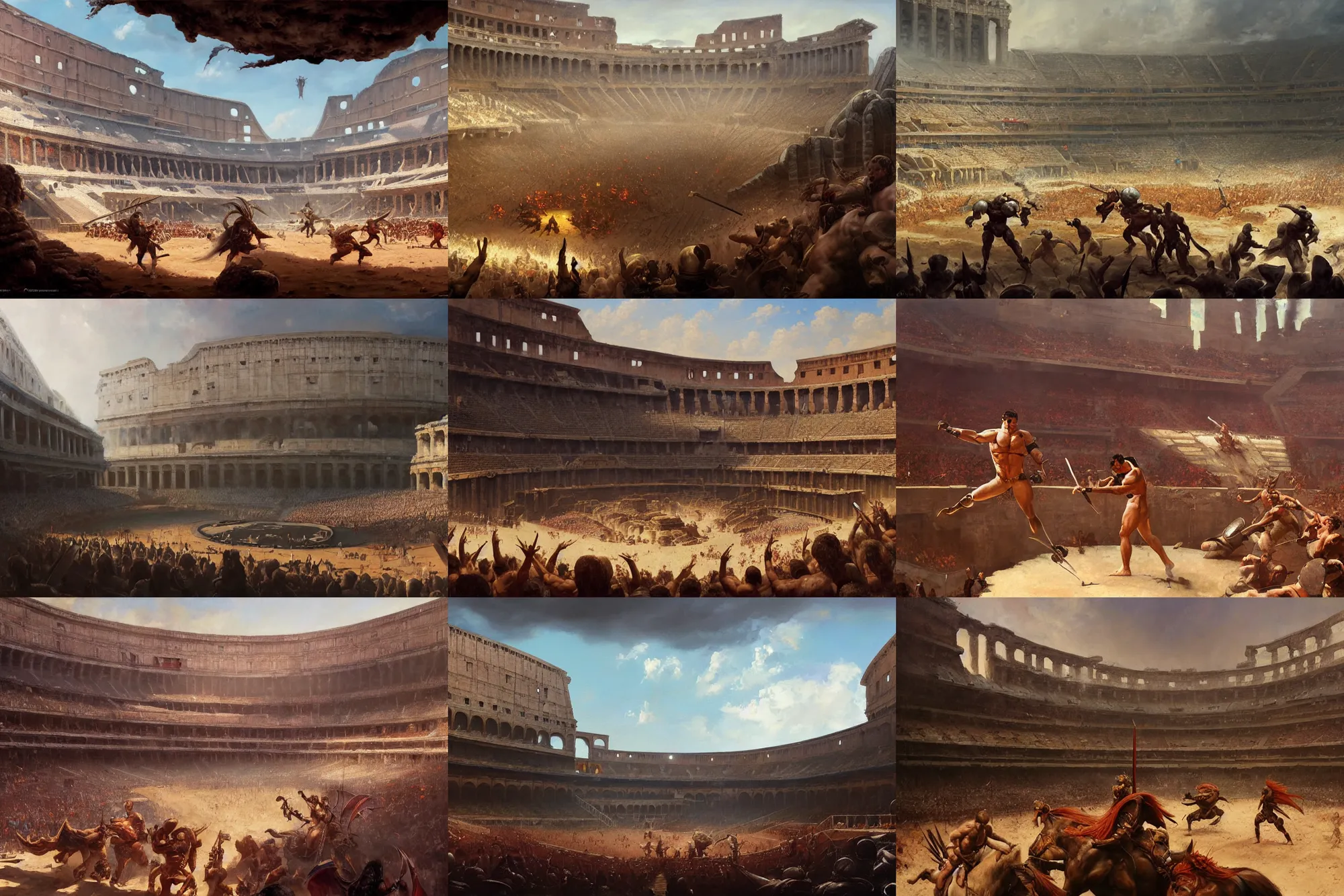 Prompt: An oil painting of a gladiatorial arena match, by Greg Rutkowski, Frank Frazetta, Boris Vallejo, epic fantasy character art, Exquisite detail, post-processing, masterpiece, cinematic, Coliseum of Rome