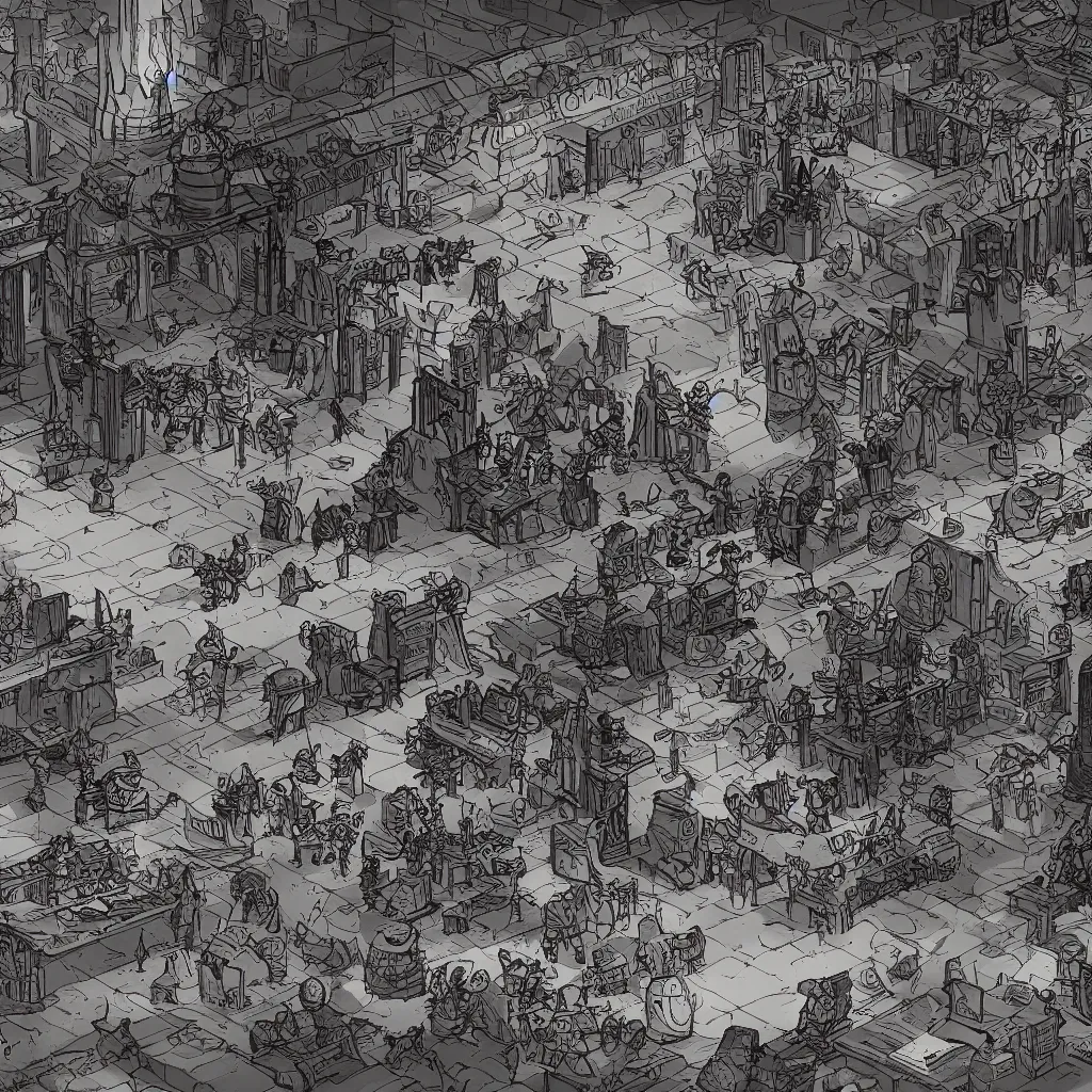 Image similar to An intensely bureaucratic villains lair with dozens of henchman doing paperwork, gridless DND map, 8k digital art, high quality,