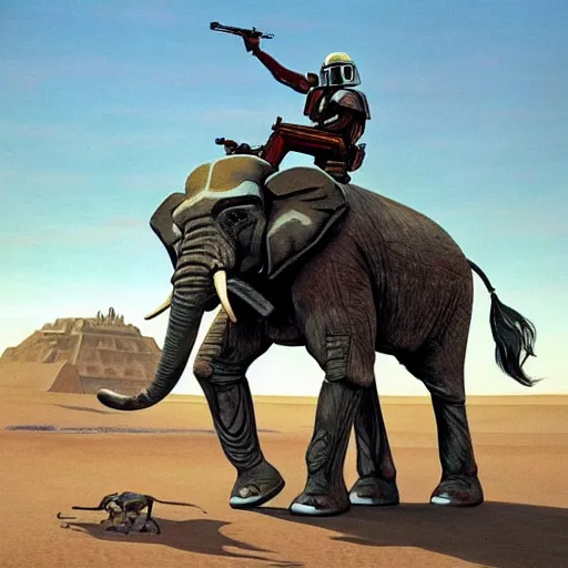 Image similar to painting of sormtrooper riding an elephant on the background of mos eisley on tatooine, intricate, high detail