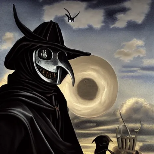 Prompt: medieval plague doctor under the cloudy sky apocalyptic deviant art dark art caravaggio