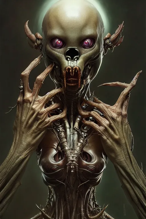 Prompt: ultra realistic, human alien predator hybrid, gothic, fantasy, flesh, bone, body horror, intricate details, eerie, highly detailed, octane render, 8 k, art by artgerm and alphonse mucha and greg rutkowski