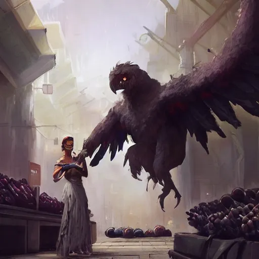 Image similar to digital painting of a super market grocery shopping elegant but deadly chicogriff, griffin chicogriff hybrid monster, by Greg Rutkowski, magic the gathering concept art, trending on artstation, 4k resolution, ((in a super market Costco))
