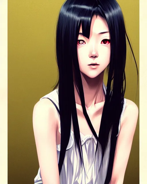 Image similar to a comic portrait of a japanese horror girl, fine - face, realistic shaded perfect face, fine details. night setting. very anime style. realistic shaded lighting poster by ilya kuvshinov katsuhiro, magali villeneuve, artgerm, jeremy lipkin and michael garmash, rob rey and kentaro miura style, trending on art station