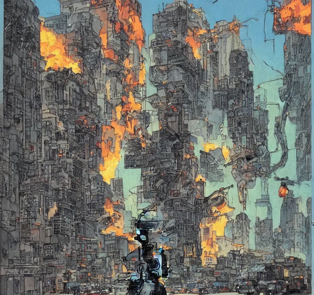 Image similar to Giant robot walking through a cityscape while eating a donut, one of the buildings is on fire and smoking by richard corben style