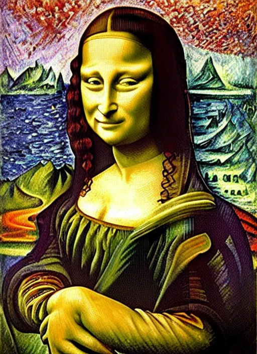 Image similar to Mona Lisa oil on canvas by Umberto Boccioni, seductive look, vivid colors, hyperdetail HQ