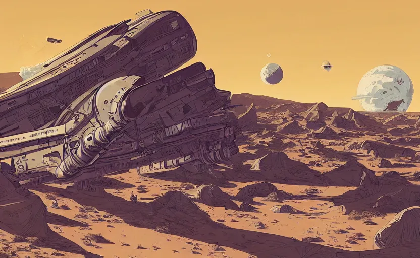 Image similar to very detailed, ilya kuvshinov, mcbess, rutkowski, illustration of a giant crashed space ship on a desert planet, wide shot