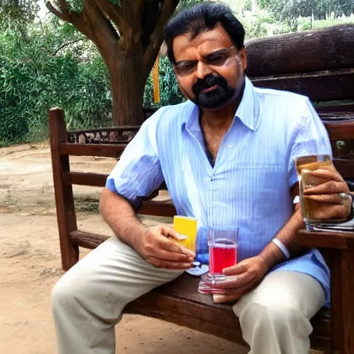 Prompt: of vinod purohit sitting on bench and enjoying drink