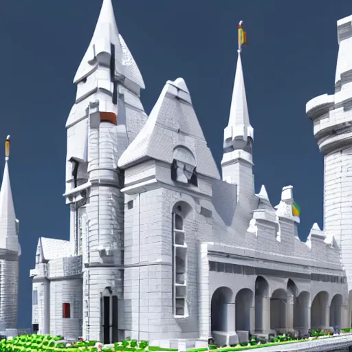 Image similar to an amazing white fantasy castle with towers and spiers, bricks, like white marble and built entirely using lego,, 3 d render, unreal engine trending on artstation, top selection on unsplash.